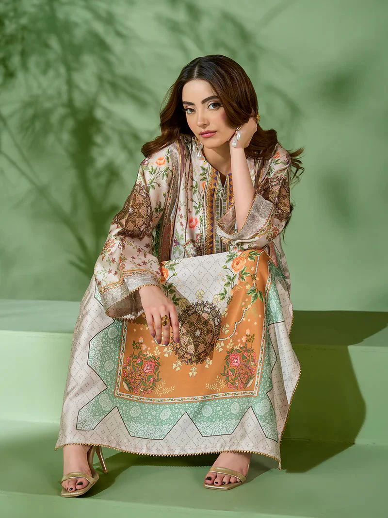 Sakeena SK10 Pastel Printed Silk Kaftan with Trousers – Ready to Wear 2pc Suit