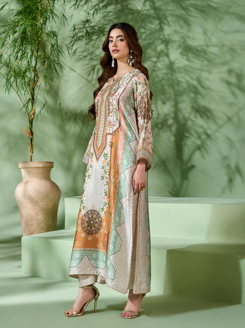 Sakeena SK10 Pastel Printed Silk Kaftan with Trousers – Ready to Wear 2pc Suit - Image 2