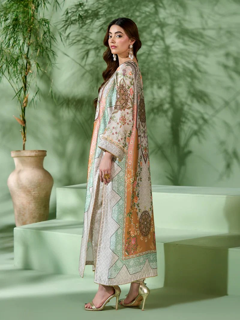 Sakeena SK10 Pastel Printed Silk Kaftan with Trousers – Ready to Wear 2pc Suit - Image 4