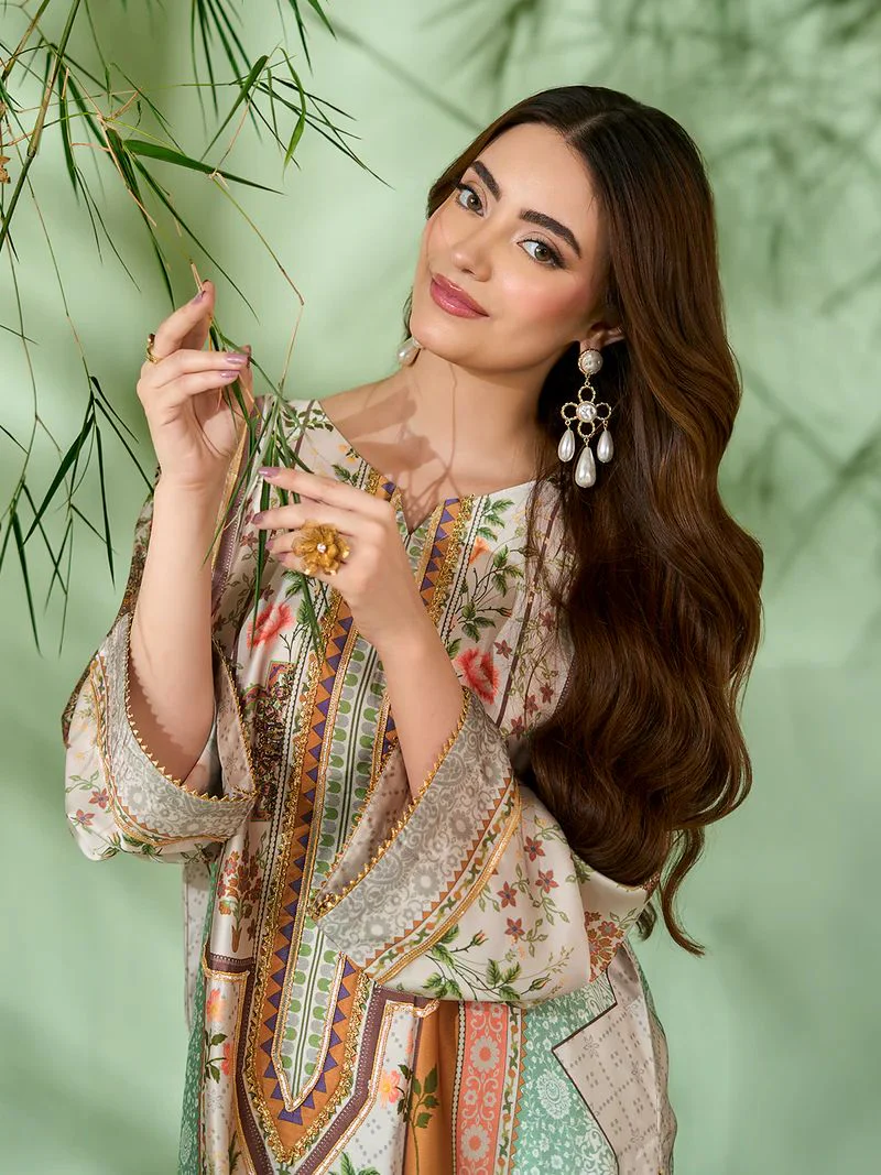 Sakeena SK10 Pastel Printed Silk Kaftan with Trousers – Ready to Wear 2pc Suit - Image 7