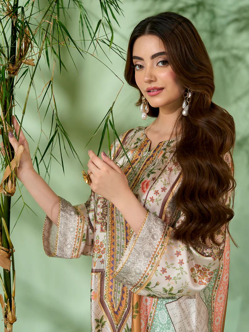 Sakeena SK10 Pastel Printed Silk Kaftan with Trousers – Ready to Wear 2pc Suit - Image 6