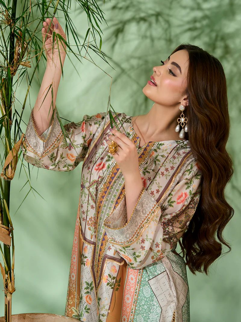 Sakeena SK10 Pastel Printed Silk Kaftan with Trousers – Ready to Wear 2pc Suit - Image 8