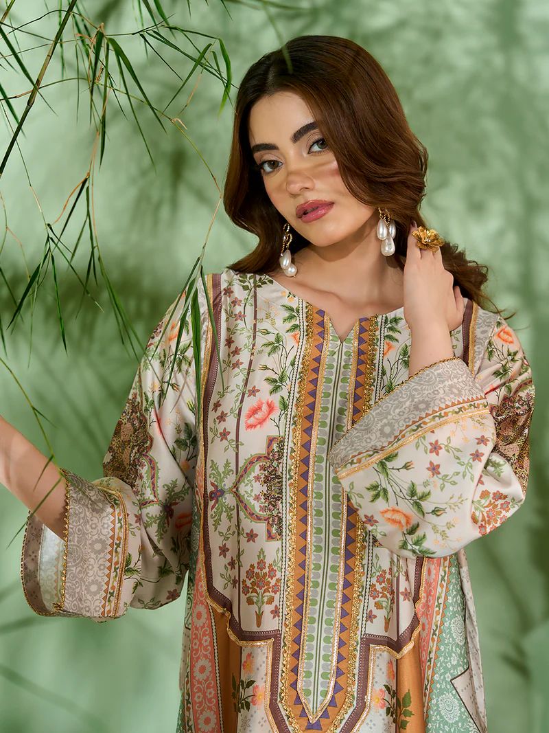 Sakeena SK10 Pastel Printed Silk Kaftan with Trousers – Ready to Wear 2pc Suit - Image 5