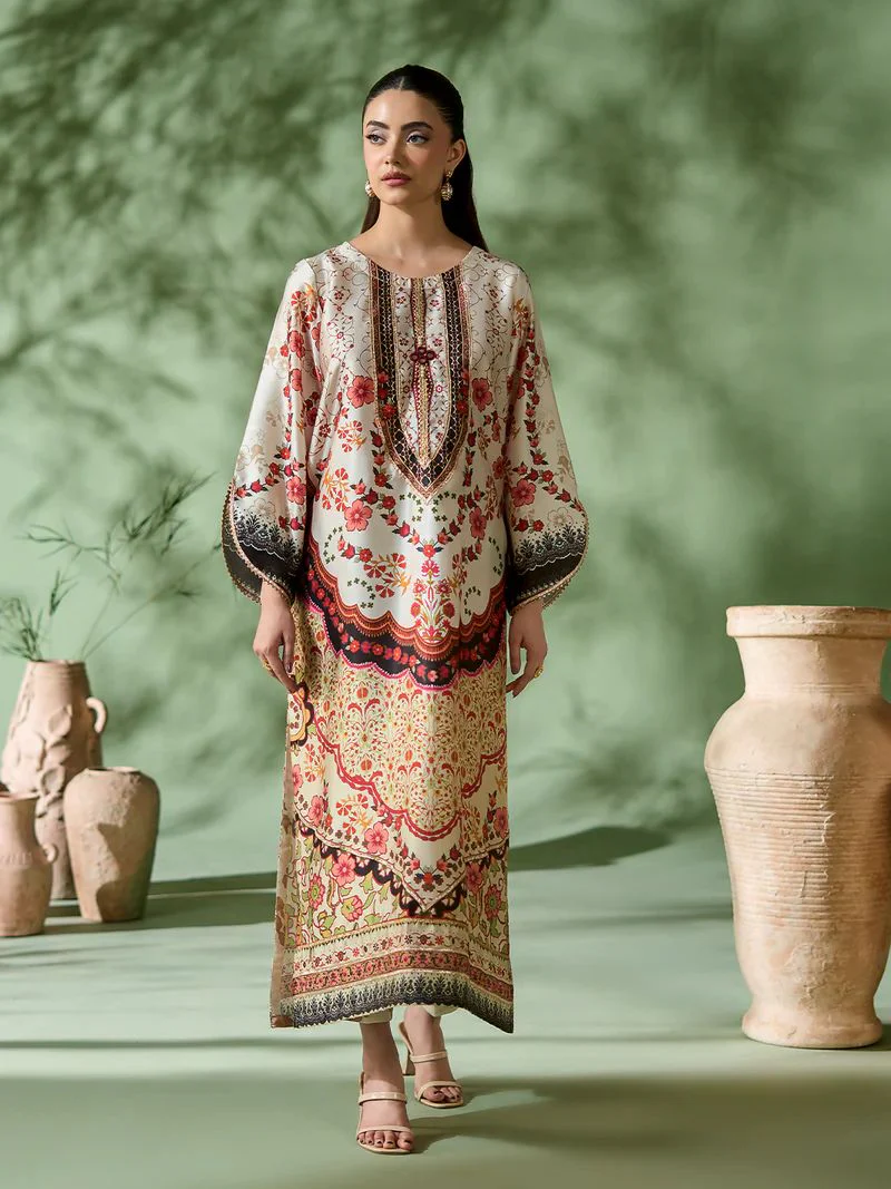 Sakeena SK5 Ivory Printed Silk Kaftan with Trousers – Ready to Wear 2pc Suit