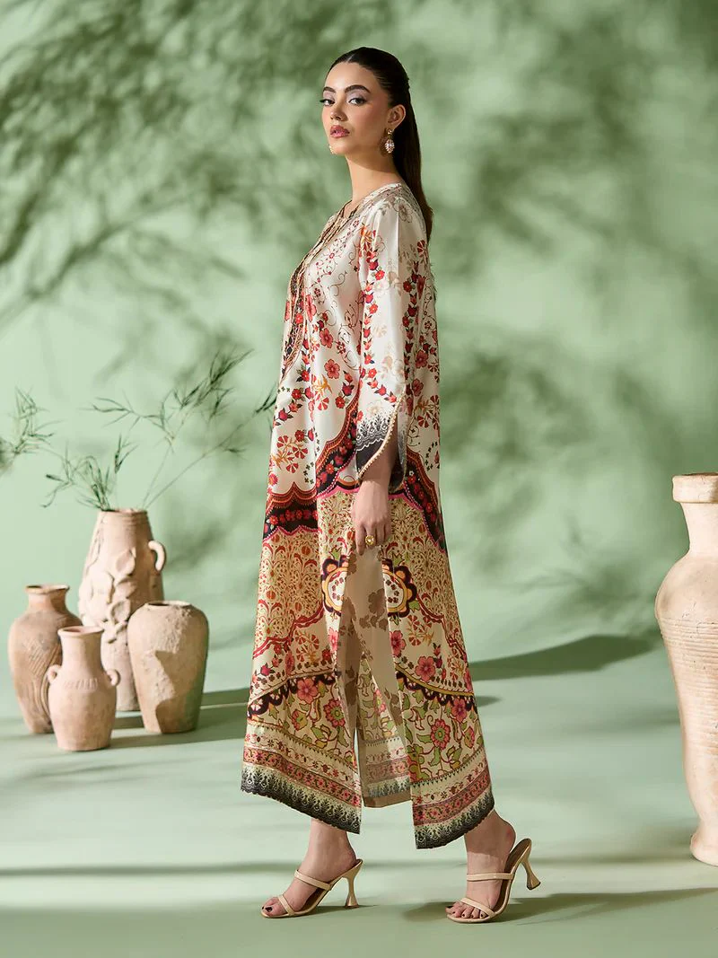 Sakeena SK5 Ivory Printed Silk Kaftan with Trousers – Ready to Wear 2pc Suit - Image 2