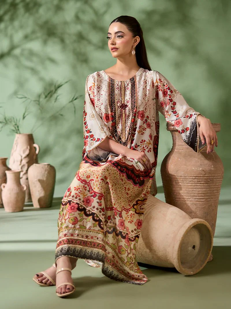 Sakeena SK5 Ivory Printed Silk Kaftan with Trousers – Ready to Wear 2pc Suit - Image 3