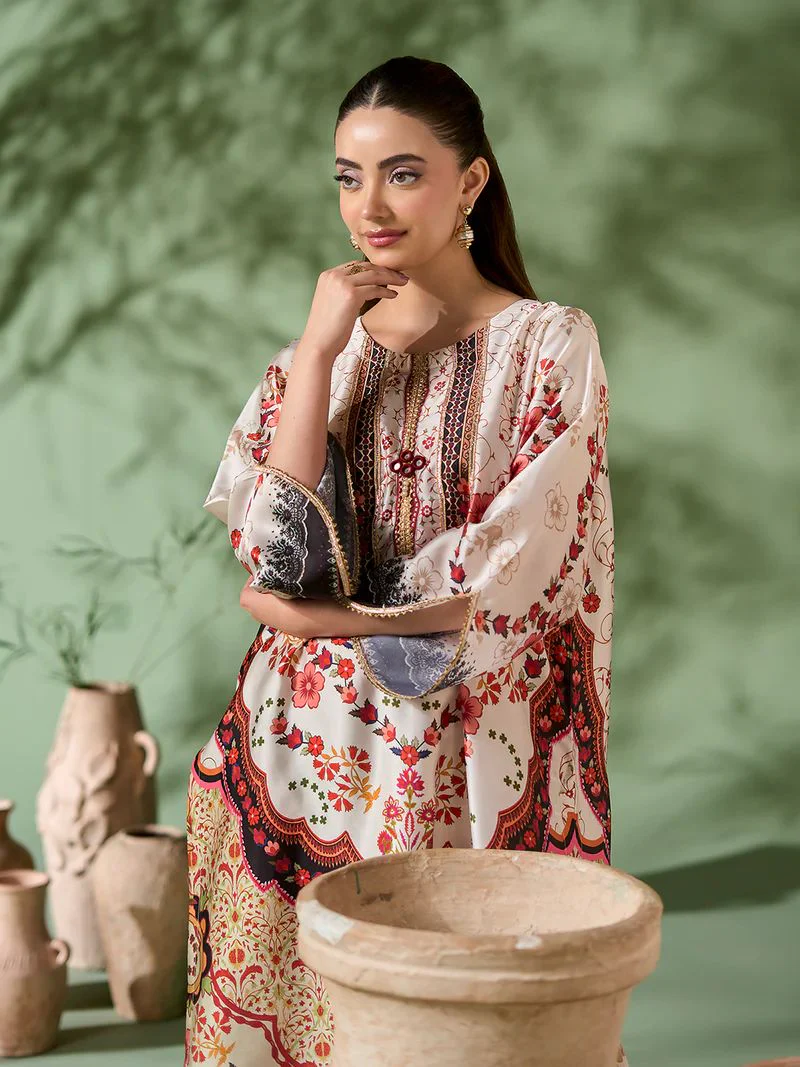 Sakeena SK5 Ivory Printed Silk Kaftan with Trousers – Ready to Wear 2pc Suit - Image 6