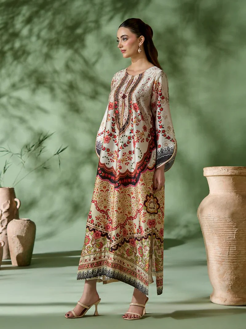 Sakeena SK5 Ivory Printed Silk Kaftan with Trousers – Ready to Wear 2pc Suit - Image 5