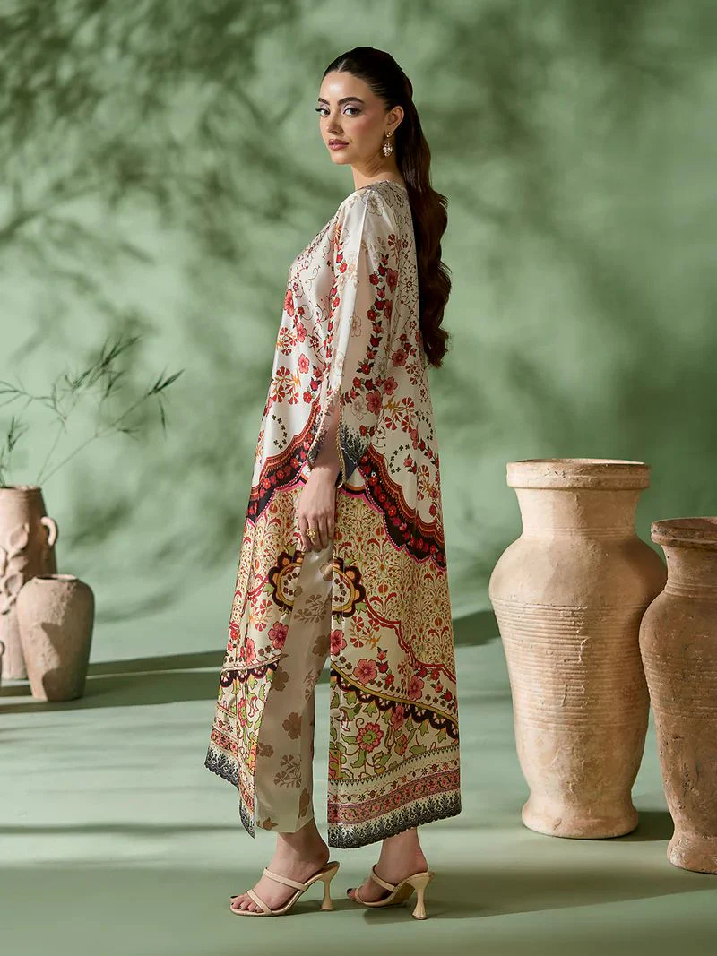 Sakeena SK5 Ivory Printed Silk Kaftan with Trousers – Ready to Wear 2pc Suit - Image 4